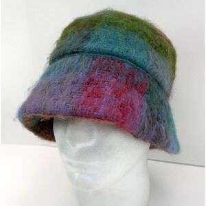 WOMEN'S Mohair Bucket Hat Handmade OSFM Soft Rainbow Plaid Satin Lined Fuzzy Hat